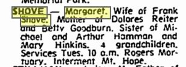 Shove Margaret death notice 1966