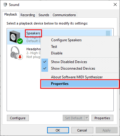 คลิกขวาที่ Speakers และเลือก Properties ในเมนู Sound