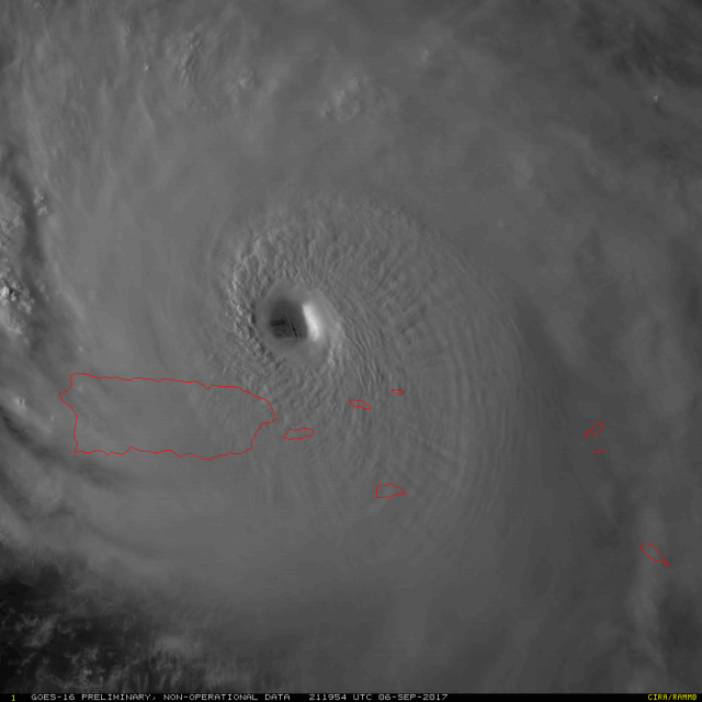 Satellite view of Hurrican Irma as it approaches Puerto Rico, 6 September 2017, taken from NOAA's GOES-16 satellite. Photo: NOAA / RAMMB