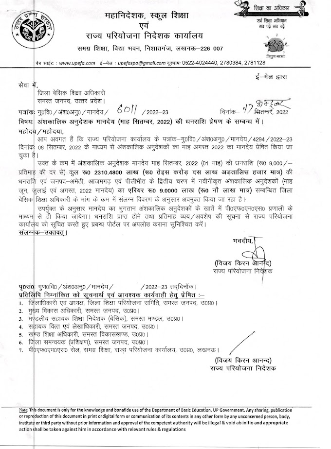 अंशकालिक अनुदेशक मानदेय (माह सितम्बर, 2022) की धनराशि प्रेषण के सम्बन्ध में