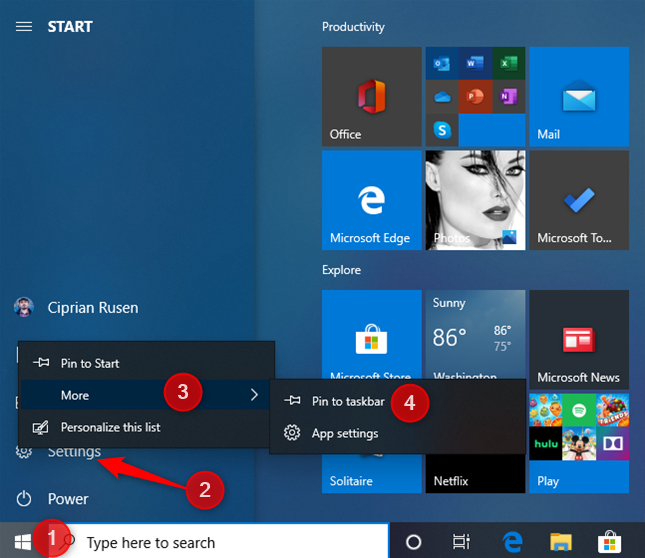 Aggiungi le impostazioni di Windows 10 su Start o sulla barra delle applicazioni