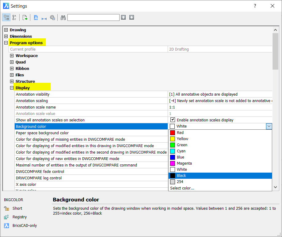 bricscad v18 change background color