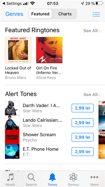 La section Tones de l'iTunes Store