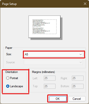 Skonfiguruj ustawienia Orientacji i Rozmiaru papieru za pomocą menu rozwijanego i kliknij OK po dokonaniu wymaganych ustawień.