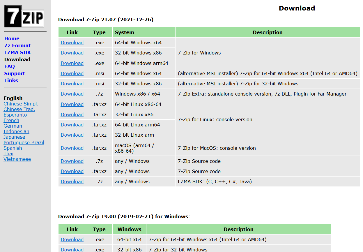 Página de descarga de 7-Zip