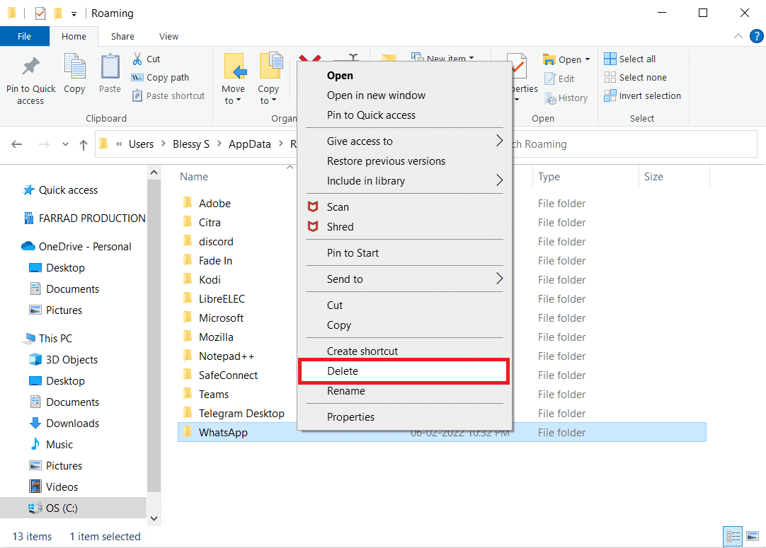 폴더를 마우스 오른쪽 버튼으로 클릭하고 삭제하십시오.  Windows 오류 0 오류 _SUCCESS 수정