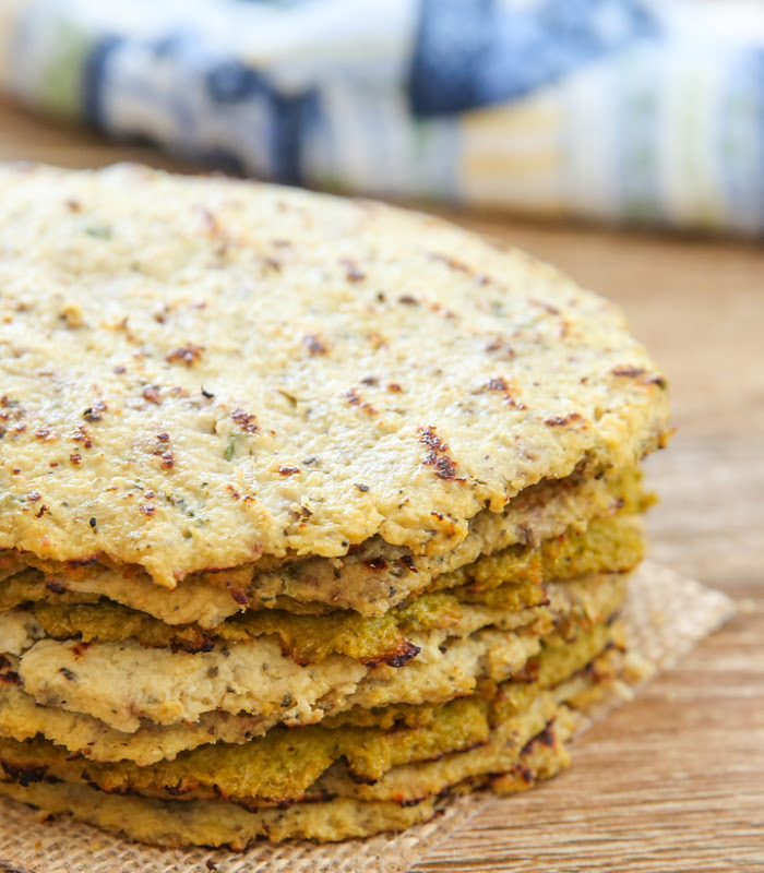 a close-up photo of a stack of cauliflower tortillas