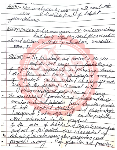 Size Distribution of Granules by Sieving method Pharmaceutical engineering paratical 3rd Semester B.Pharmacy ,BP304T Pharmaceutical Engineering,BPharmacy,Handwritten Notes,Previous Year's Question Papers,BPharm 3rd Semester,Important Exam Notes,