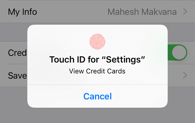 Всплывающее окно Touch ID