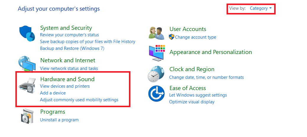 ตั้งค่า View by as Category ที่ด้านบนของหน้าต่าง  คลิก ฮาร์ดแวร์และเสียง