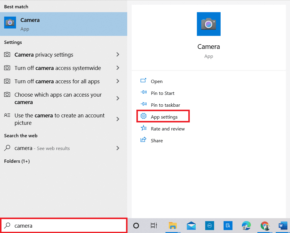 Escriba Cámara en el menú de búsqueda y haga clic en Configuración de la aplicación