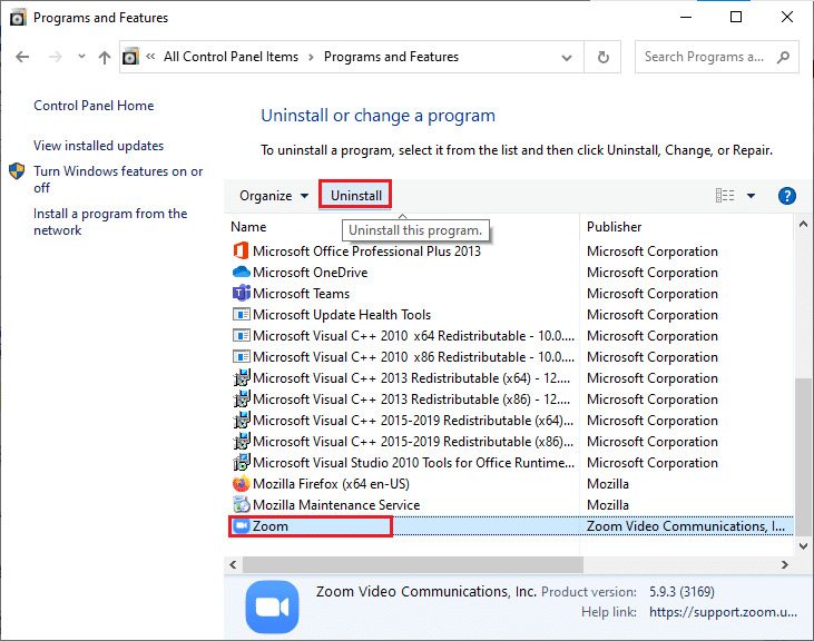 zoom disinstalla.  Risolto il problema con l'audio dello zoom non funzionante in Windows 10