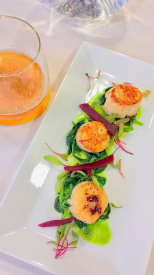 Fort George 3 Way IPA, paired with this delicious course from Whole Foods Pearl of Scallops with pea puree and greens