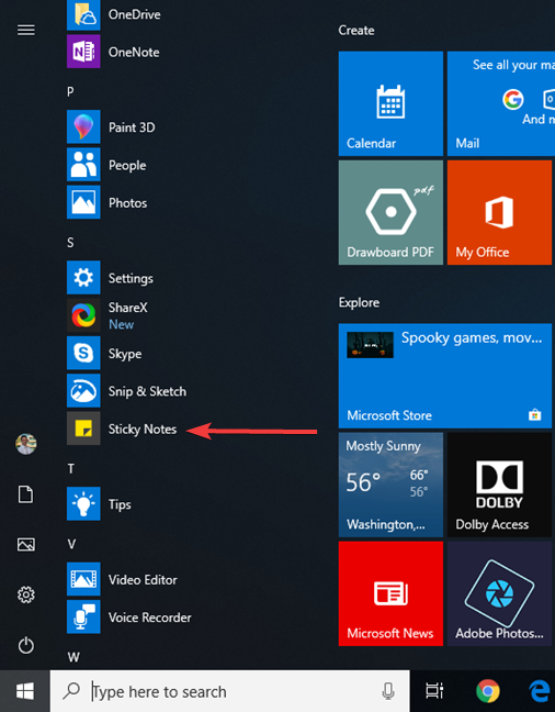 De Sticky Notes-snelkoppeling vanuit het Startmenu