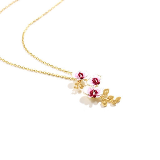Title 4, 18k Hand Painted Enamel Phalaenopsis Flower Nec...