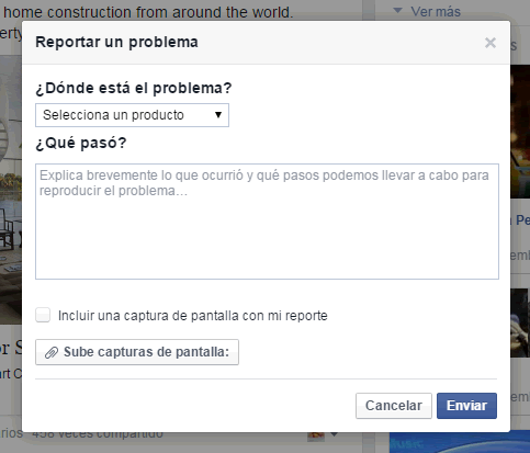 Reportar un problema en Facebook - Donde está el problema