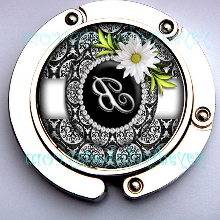 Personalized Folding Purse Hanger Bag Hook - Black and White Damask Daisy