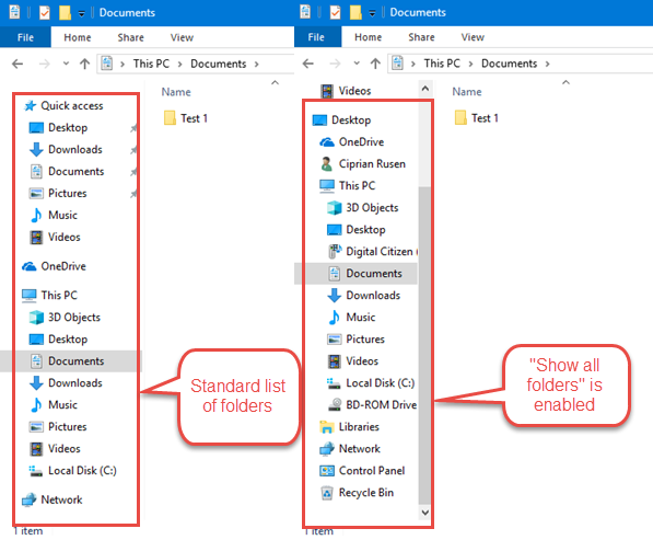 File Explorer แสดงโฟลเดอร์ทั้งหมดเทียบกับรายการมาตรฐาน