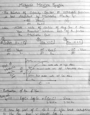 Michaelis-menten equation, BPC Notes B.Pharm 6th Sem 6th Semester B.Pharmacy Lecture Notes,BP604T Biopharmaceutics and Pharmacokinetics,BPharmacy,Handwritten Notes,BPharm 6th Semester,Important Exam Notes,