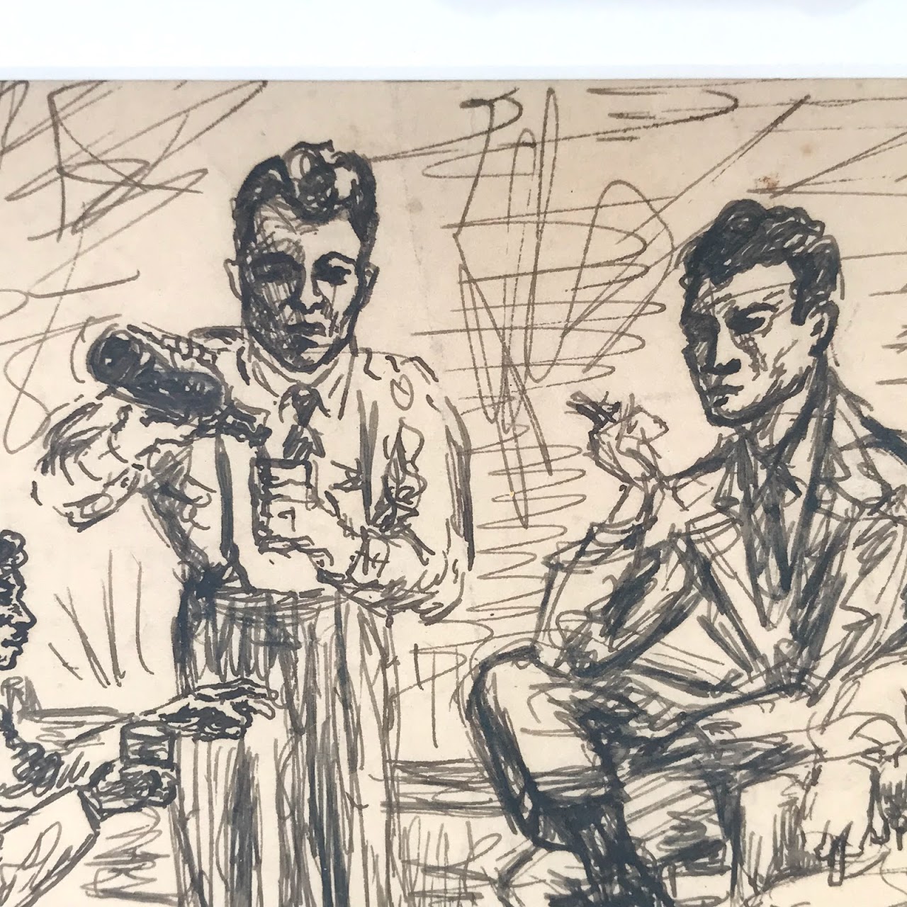 Patrick Stigliani Signed 'The Drinkers' Ink Drawing