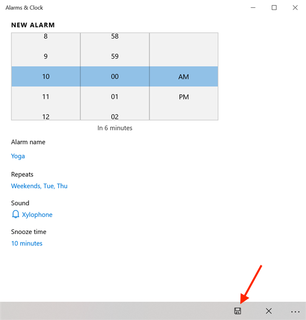 [保存]をクリックまたはタップして、アラームを作成します