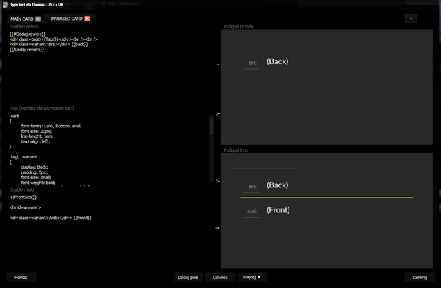 Anki - edycja szablonu notatki odwrotnych kart