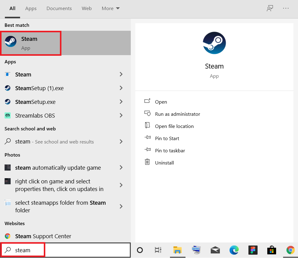 druk op de Windows-toets en typ steam en druk vervolgens op Enter