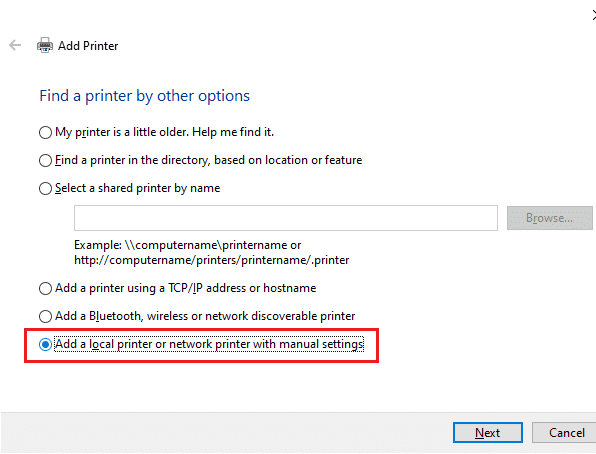 Luego, haga clic en Agregar una impresora local o una impresora de red con configuración manual como se muestra y haga clic en Siguiente para corregir el error de identificador no válido