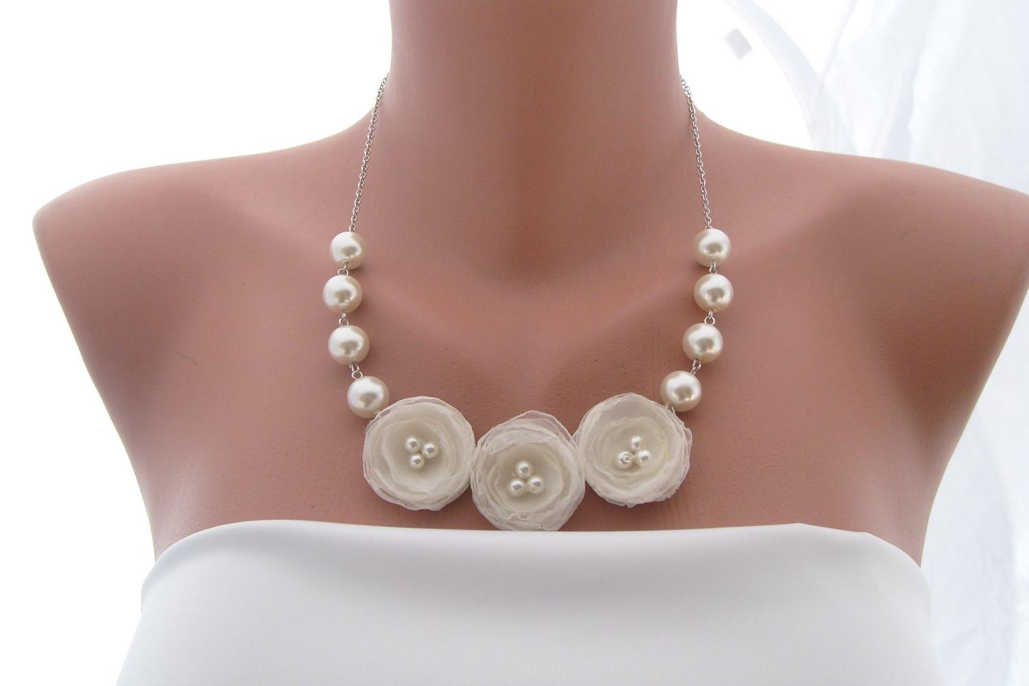 ivory cream organza triple rose wedding necklace decorated ivory pearls