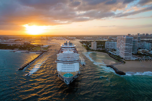 An aerial of the 5,480-passenger Harmony of the Seas leaving Ft. Lauderdale at sunset. 