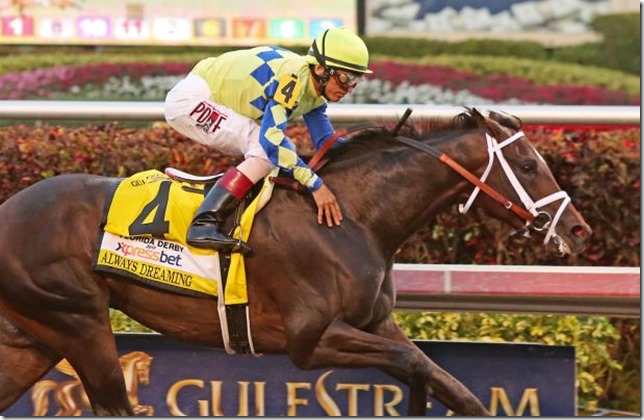 HALLANDALE BEACH, FL - APRIL 01:  #4 Always Dreaming (FL) wth jockey John Velazquez on board, wins the Xpressbet Florida Derby (Grade I) at Gulfstream Park on April 01, 2017 in Hallandale Beach, Florida. (Photo by Liz Lamont/Eclipse Sportswire/Getty Images)