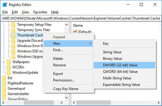 Klik met de rechtermuisknop op Miniatuurcache en selecteer vervolgens Nieuw en klik op DWORD en noem het Autorun