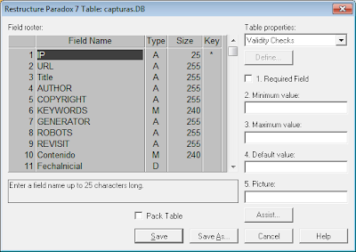 Crear tabla en base de datos Paradox para almacenar las pginas web indexadas con Database Desktop