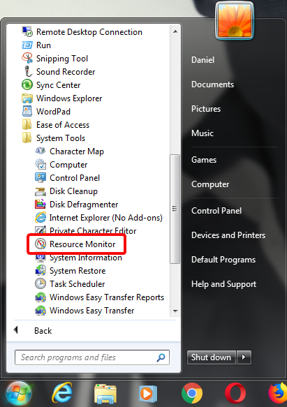 Moniteur de ressources dans le menu Démarrer de Windows 7