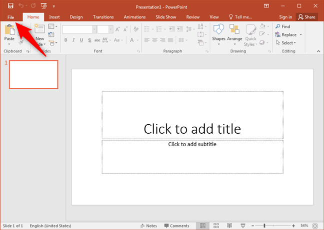 PowerPoint2016の[ファイル]ボタン