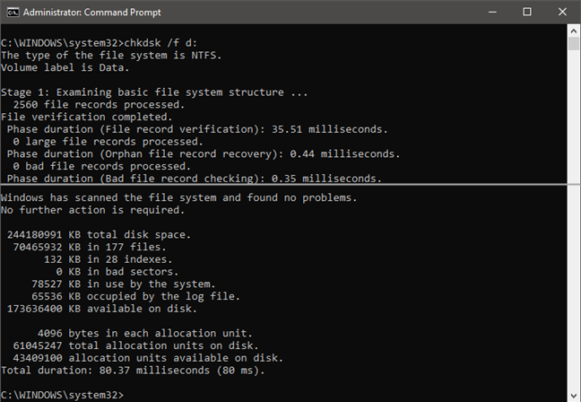 Esecuzione del comando chkdsk /f per verificare un'unità