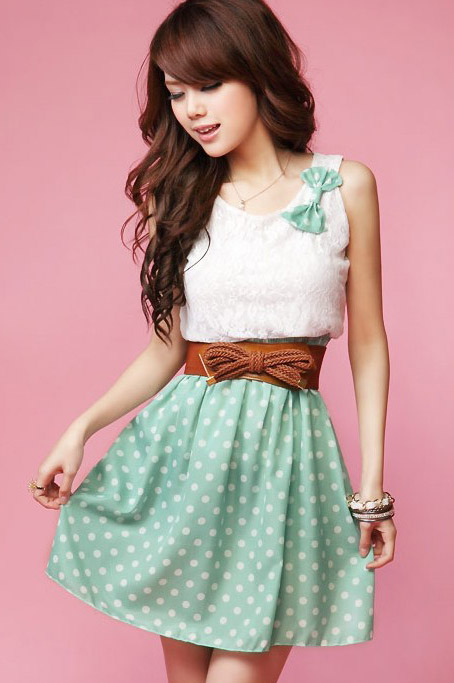 Korea Womens Sleeveless Lace Dots Bowknot Tunic Mini Dress Sundress ...