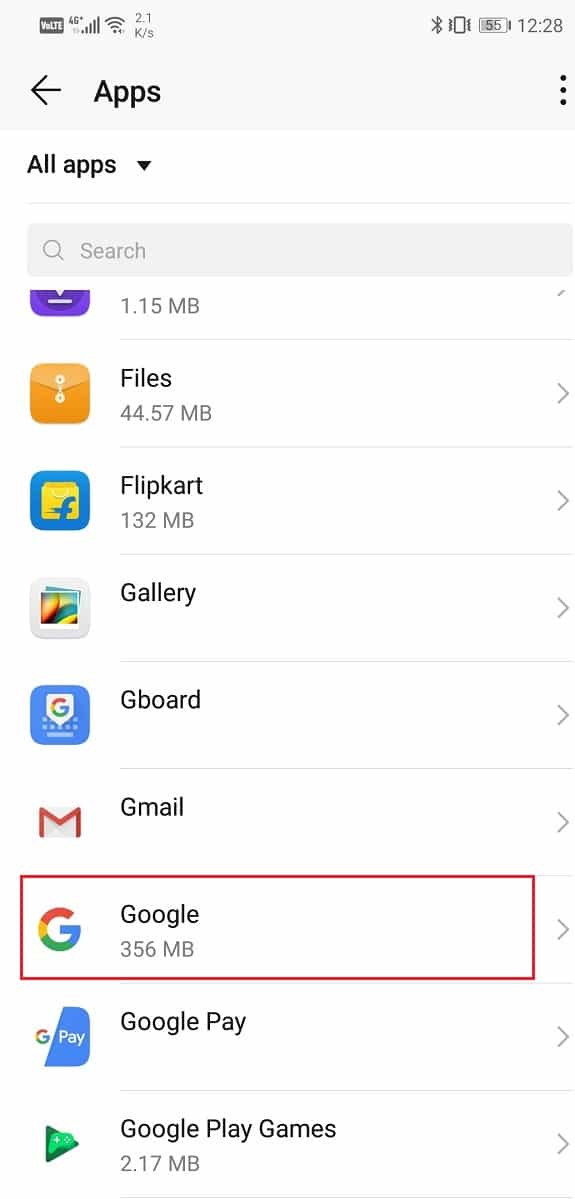 Seleziona l'app Google dall'elenco delle app |  Risolto il problema con l'app Google che non funziona su Android