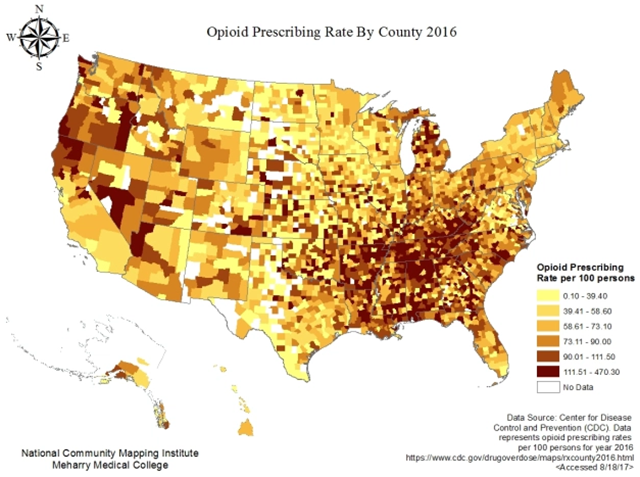 This map shows the rate of opioid prescription by county in the U.S. for the year 2016. Many counties within various southern states have higher rates, indicated by the dark brown shading. Graphic: NCMI