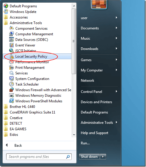 Política de seguridad local de inicio de Windows 7