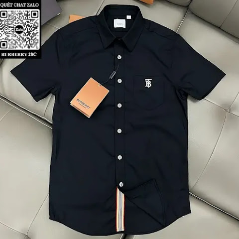 Áo sơ mi nam Burberry màu đen tay ngắn túi ngực logo TB hàng hiệu