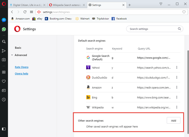 Opera의 기타 검색 엔진
