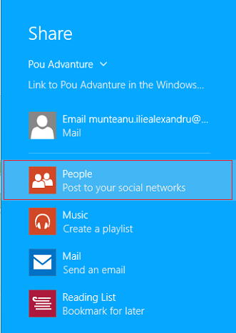 Windows 8.1, 앱, 게임, 스토어, 공유, 이메일, 링크, 스크린샷, 페이스북