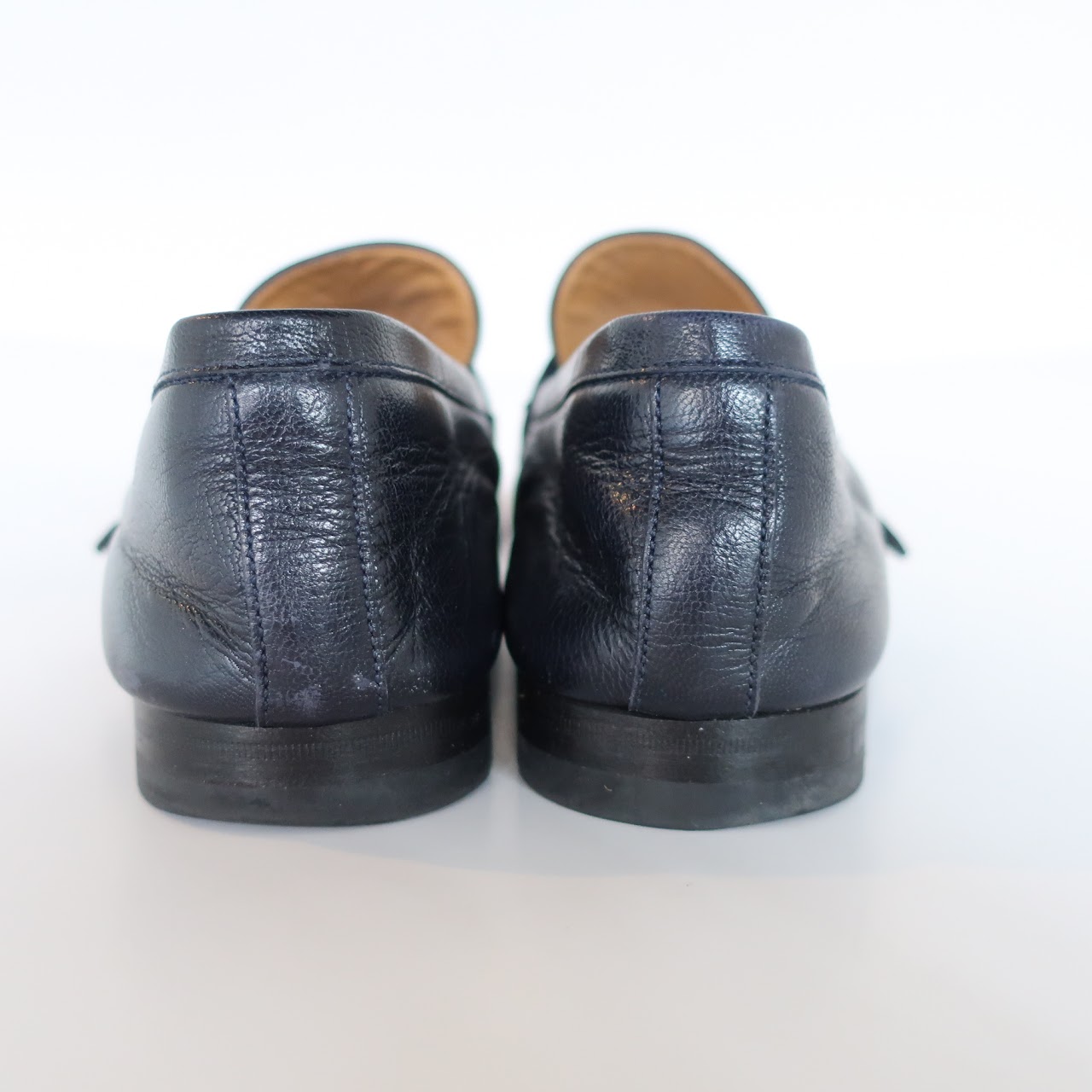 Gucci Navy Blue Leather Logo Loafers