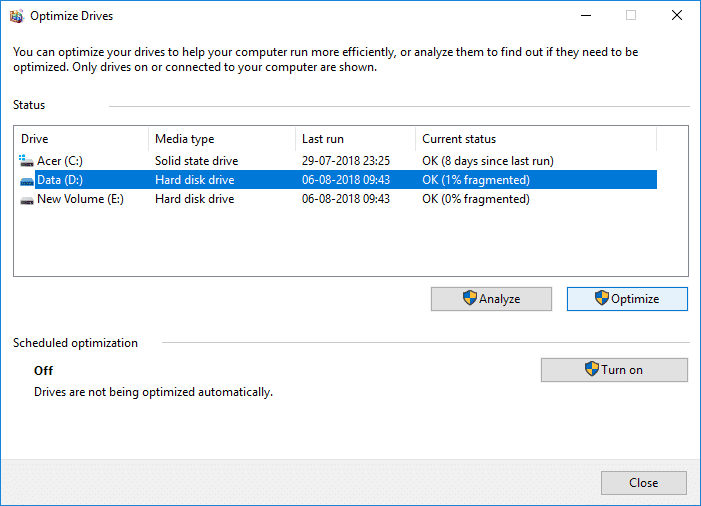 드라이브를 최적화하려면 최적화 버튼 |  Windows 10에서 드라이브를 최적화하고 조각 모음하는 방법