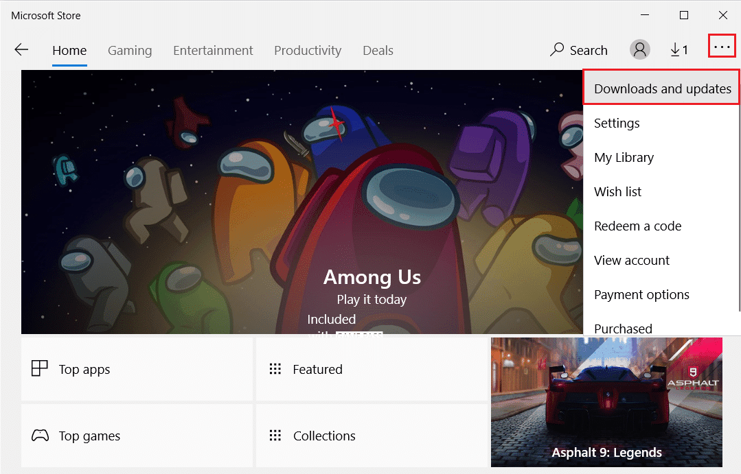 fai clic sull'icona dei tre punti e seleziona l'opzione Download e aggiornamenti in Microsoft Store