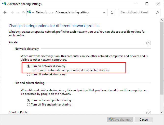 次に、[ネットワーク検出をオンにする]の横のチェックボックスをオンにし、[ネットワークに接続されたデバイスの自動セットアップをオンにする]オプションもオンにします。