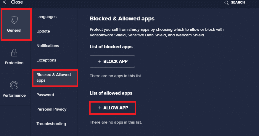 sélectionnez Général puis applications bloquées et autorisées et cliquez sur le bouton Autoriser l'application dans les paramètres d'Avast Free Antivirus