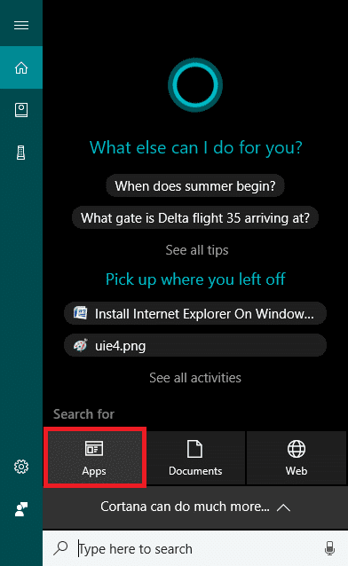 Fai clic su App sotto la ricerca di Cortana