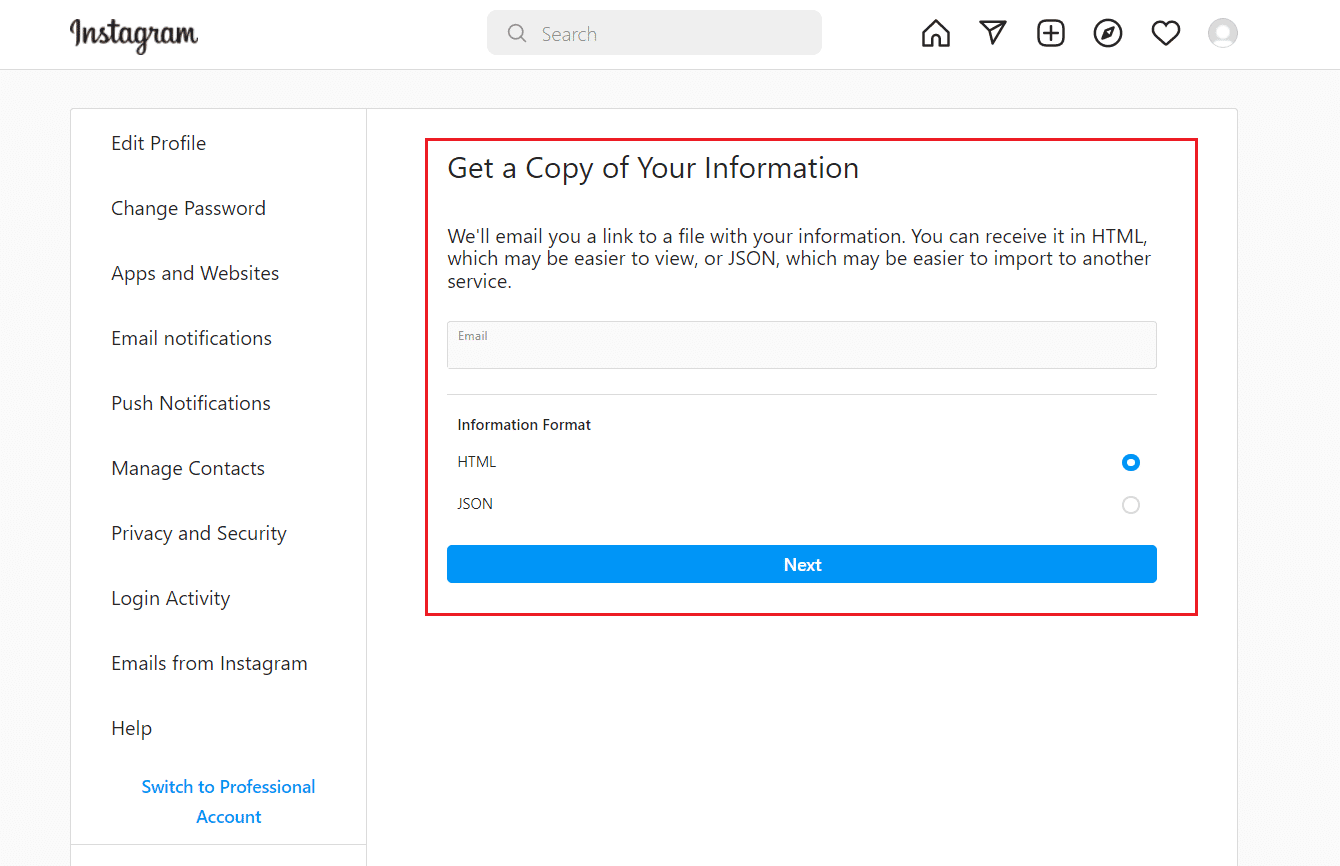 obtenir une copie de votre section d'informations dans la version de bureau de la page Instagram